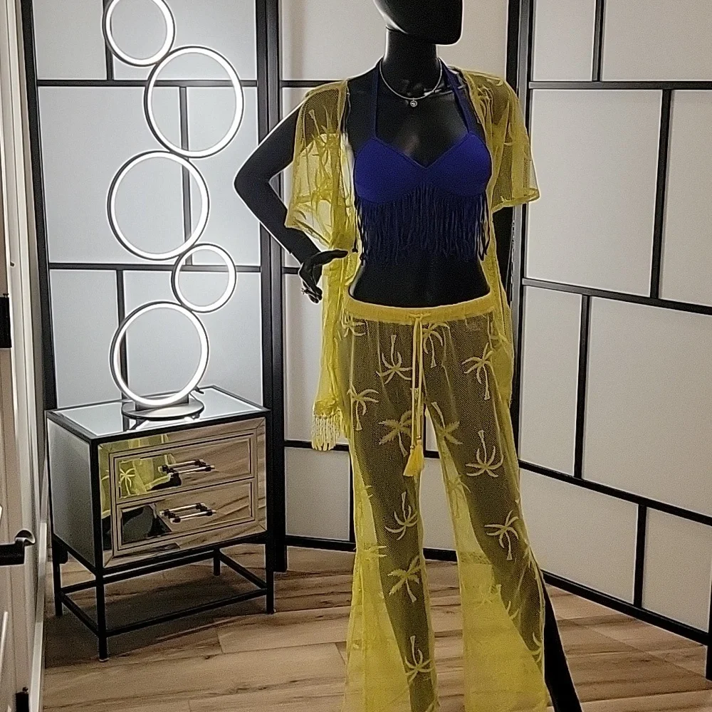 MIKEN Swim | 2-piece | Mesh Swimsuit Coverup | Sz. S | Mustard | NWOT + Swim top - Picture 1 of 17
